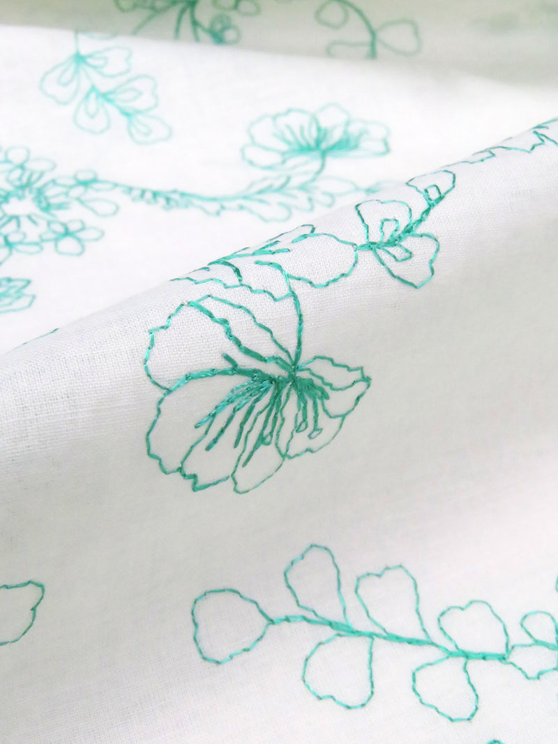 Whitesmoke/Caribbean Green 100% Cotton Floral Embroidered Voile 56W
