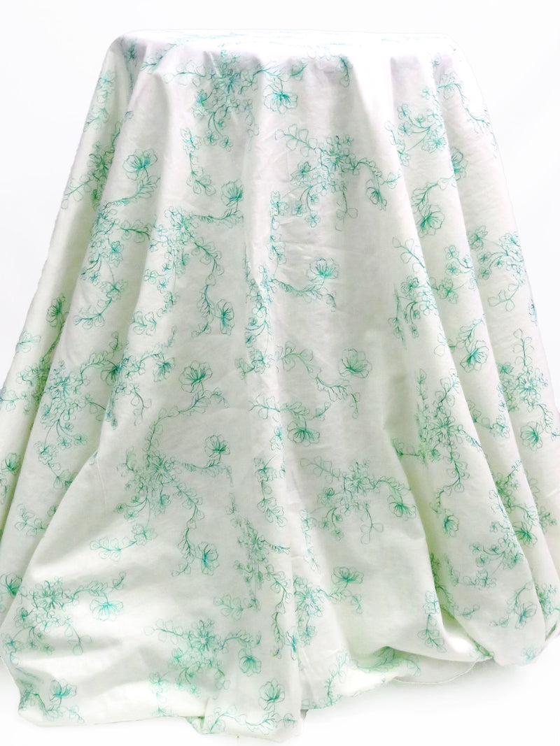 Whitesmoke/Caribbean Green 100% Cotton Floral Embroidered Voile 56W