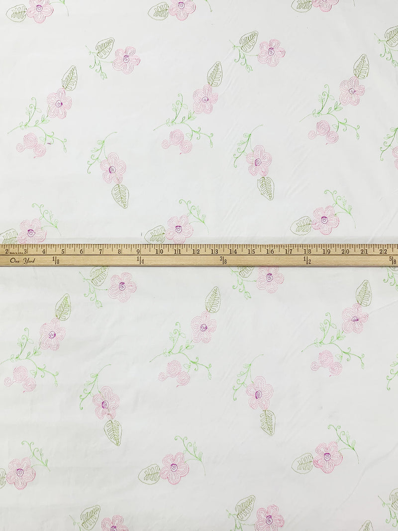 White/Amaranth Pink/Medium Spring Bud Cotton/Lycra Embroidered Floral Stretch Poplin Shirting 49W