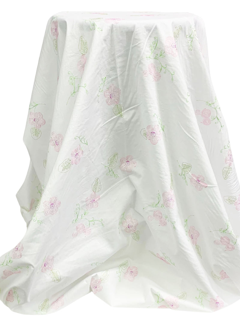 White/Amaranth Pink/Medium Spring Bud Cotton/Lycra Embroidered Floral Stretch Poplin Shirting 49W