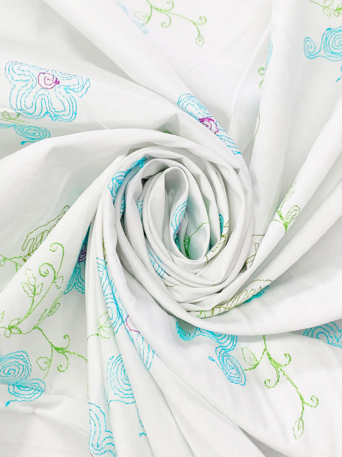 White/Caribbean Blue/June Bud Green Cotton/Lycra Embroidered Floral Stretch Poplin Shirting 49W