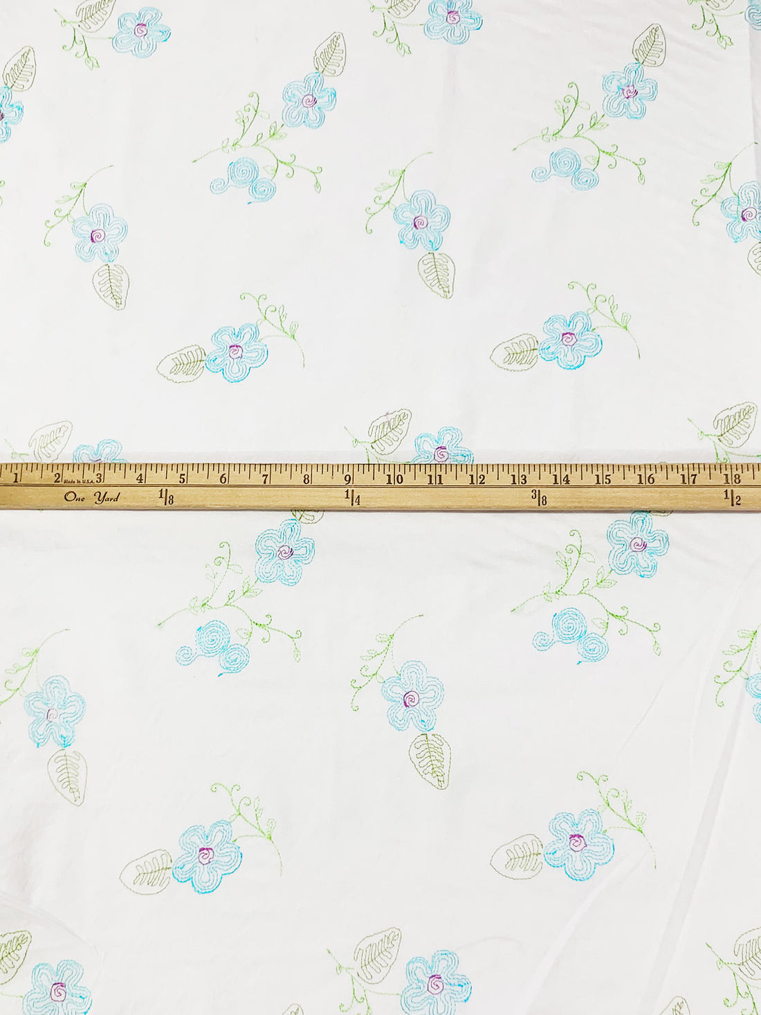 White/Caribbean Blue/June Bud Green Cotton/Lycra Embroidered Floral Stretch Poplin Shirting 49W