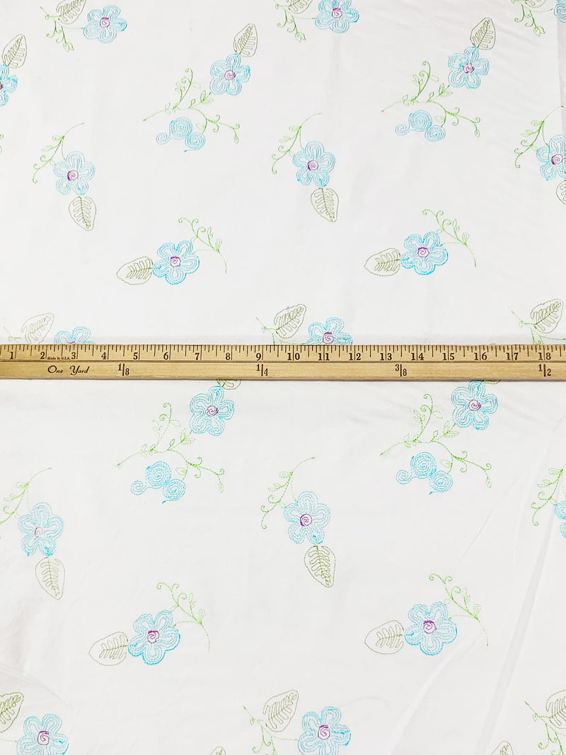 White/Caribbean Blue/June Bud Green Cotton/Lycra Embroidered Floral Stretch Poplin Shirting 49W