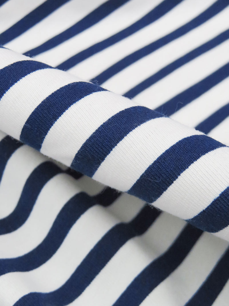 White/Deep Sapphire Blue Cotton/Lycra Horizontal Stripe Print Jersey Knit 72W