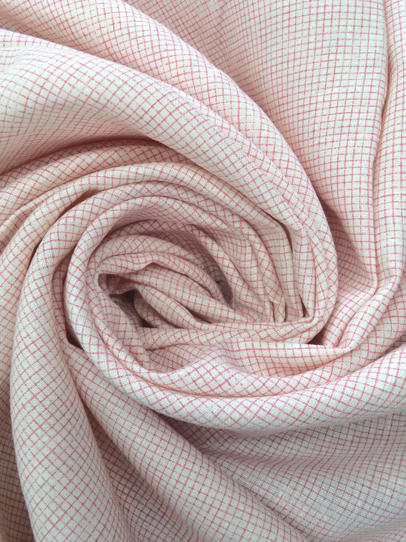 Off-White/Coral Pink 100% Linen Printed Grid Linen Suiting 58W