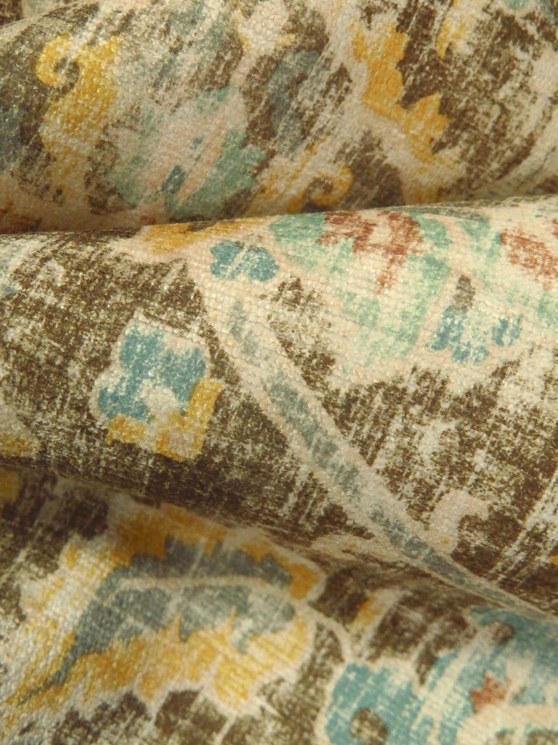 Wheat/Pullman Brown/Dark Sea Green/Multi 100% Polyester Distressed Traditional Medallion Print Chenille Woven 54W