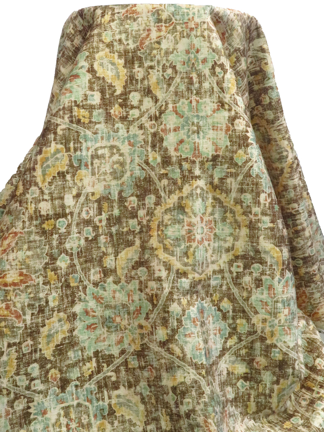 Wheat/Pullman Brown/Dark Sea Green/Multi 100% Polyester Distressed Traditional Medallion Print Chenille Woven 54W