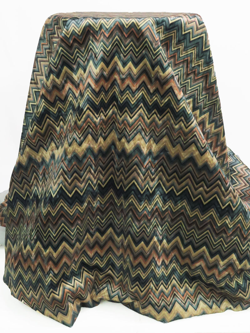 Shortbread/Deep Sea Green/Chocolate/Multi 100% Polyester Novelty Chevron Print Velvet Coating - NY Designer - 56W