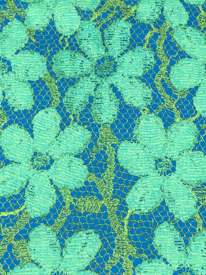 Cobalt Blue/Aqua/Lizard Green 100% Cotton Floral Lace Print Sateen Shirting 56W