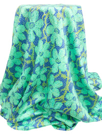 Cobalt Blue/Aqua/Lizard Green 100% Cotton Floral Lace Print Sateen Shirting 56W