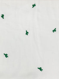 White/Forest Green 100% Cotton Mini Embroidered Cactus Design Sateen Shirting - LA Designer - 58W