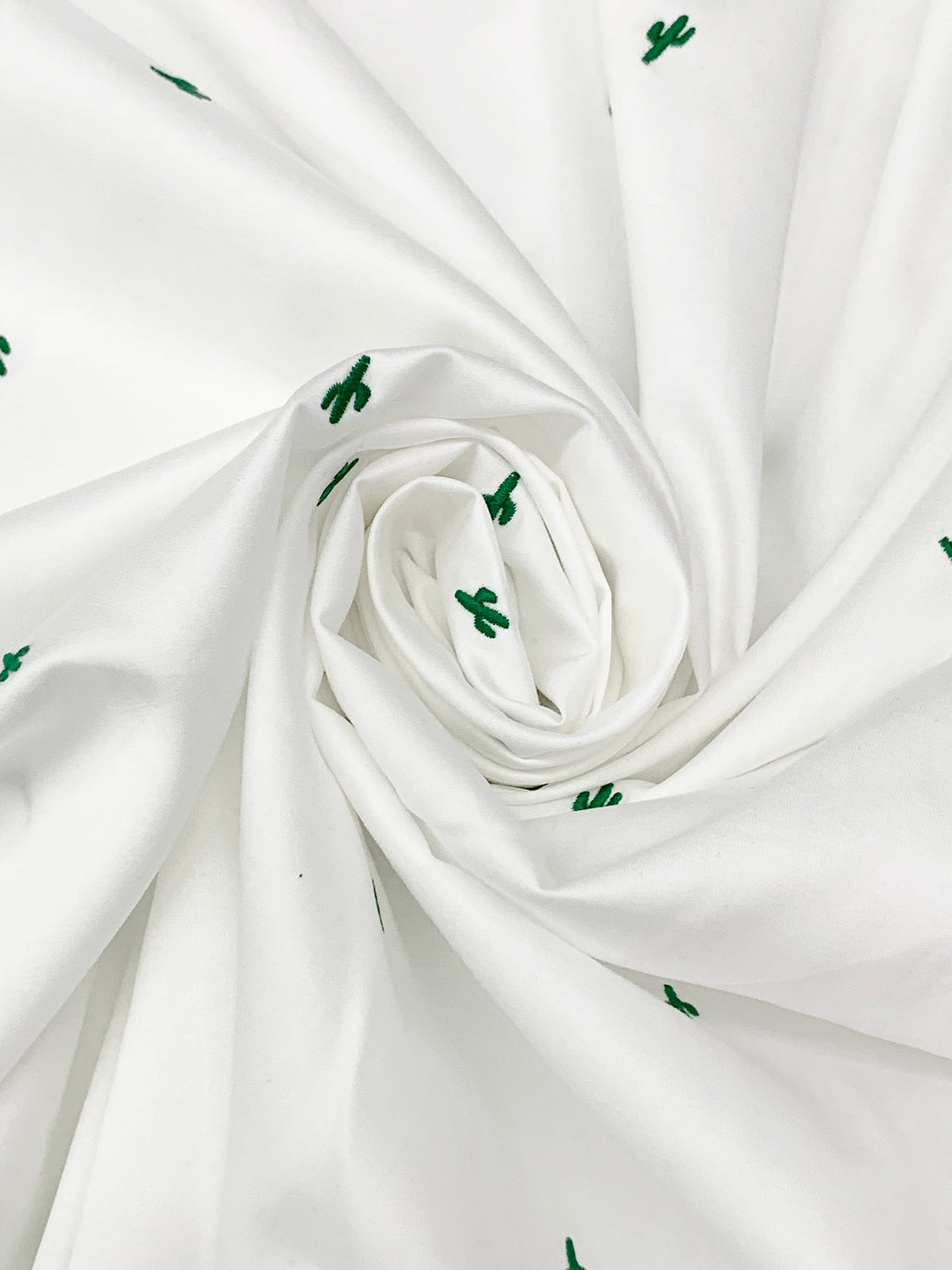 White/Forest Green 100% Cotton Mini Embroidered Cactus Design Sateen Shirting - LA Designer - 58W