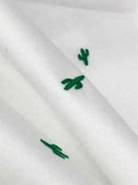 White/Forest Green 100% Cotton Mini Embroidered Cactus Design Sateen Shirting - LA Designer - 58W