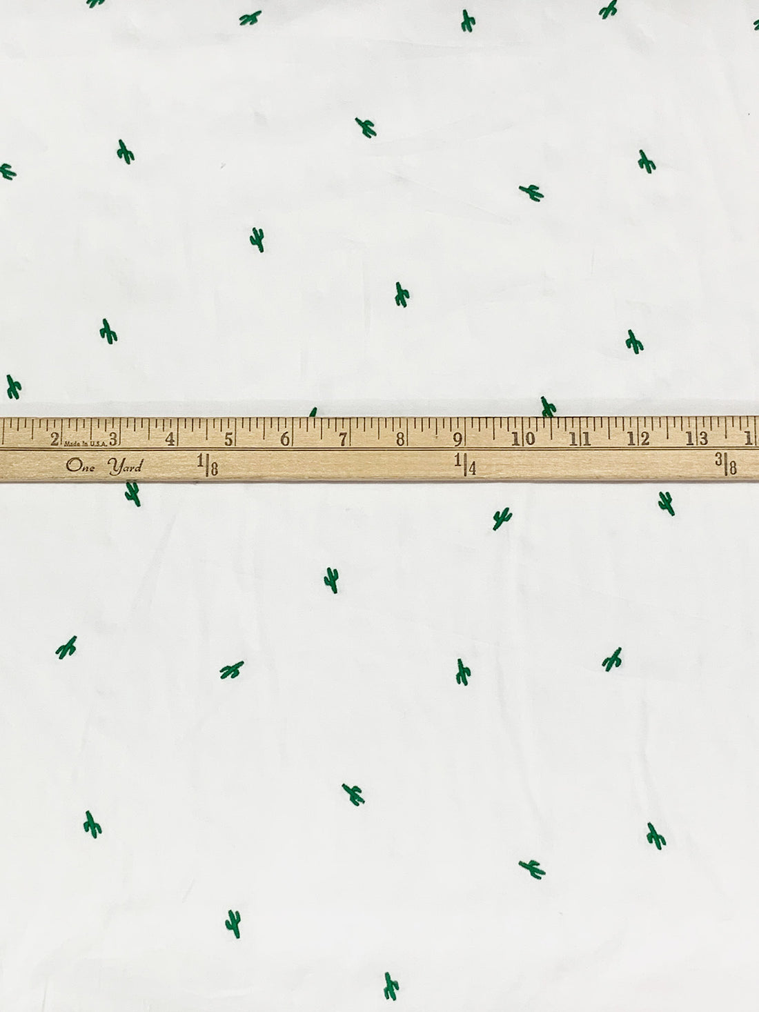 White/Forest Green 100% Cotton Mini Embroidered Cactus Design Sateen Shirting - LA Designer - 58W