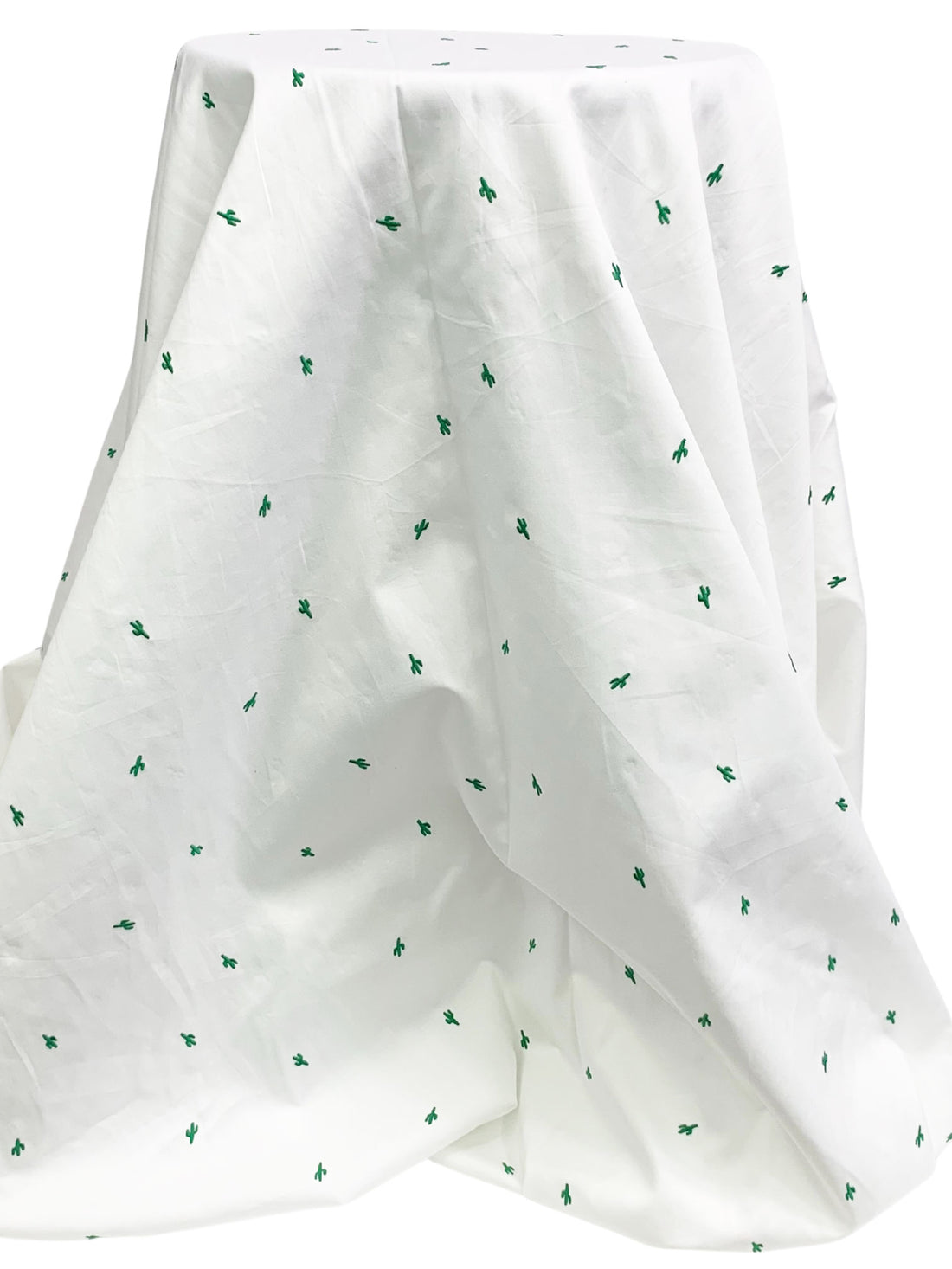 White/Forest Green 100% Cotton Mini Embroidered Cactus Design Sateen Shirting - LA Designer - 58W