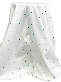 White/Forest Green 100% Cotton Mini Embroidered Cactus Design Sateen Shirting - LA Designer - 58W