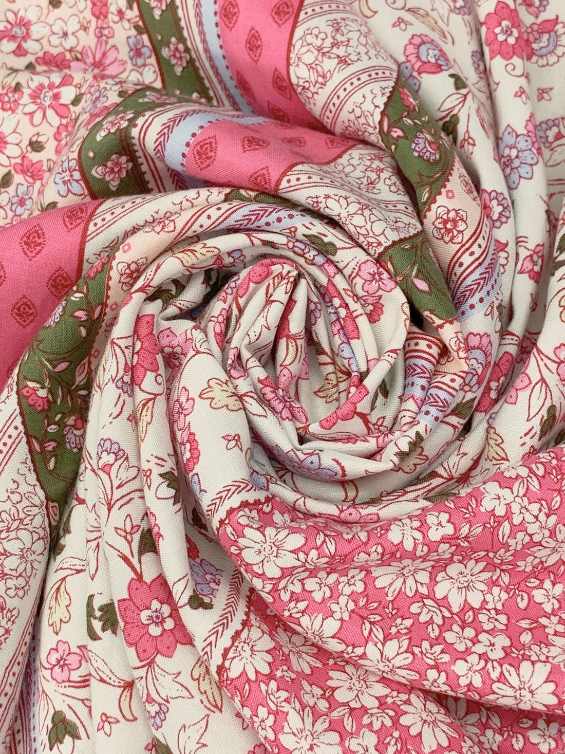 Bone/Soldier Green/French Pink/Multi 100% Rayon Vertical Multi-Floral Print Challis 56W