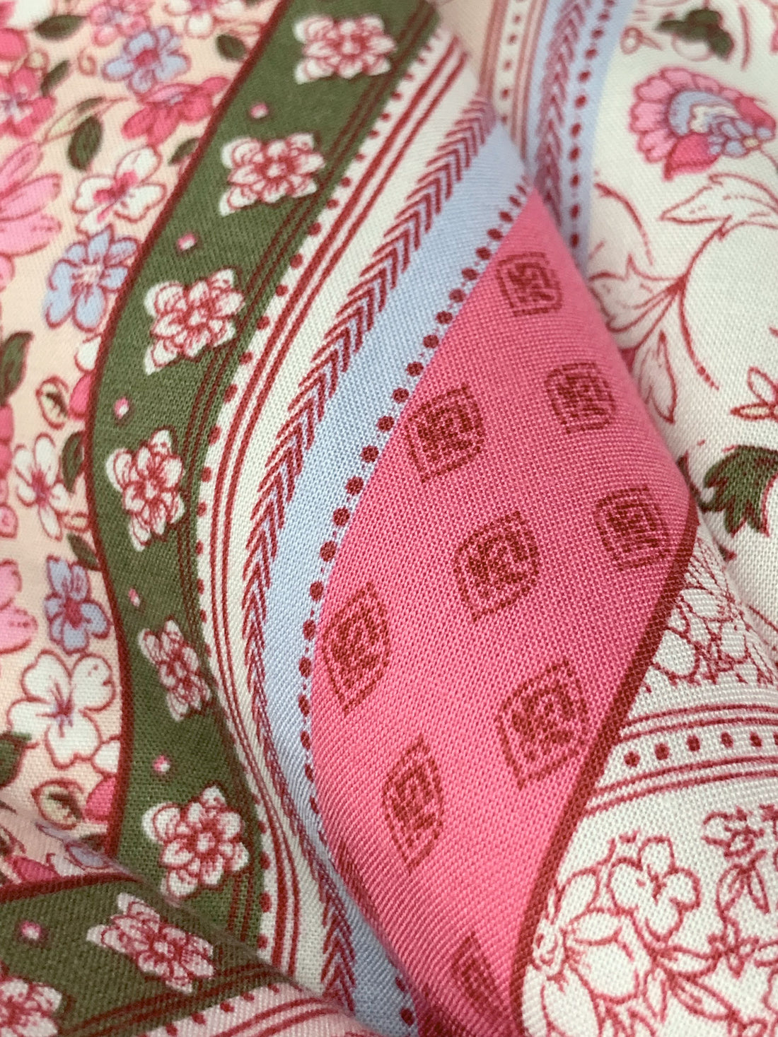 Bone/Soldier Green/French Pink/Multi 100% Rayon Vertical Multi-Floral Print Challis 56W