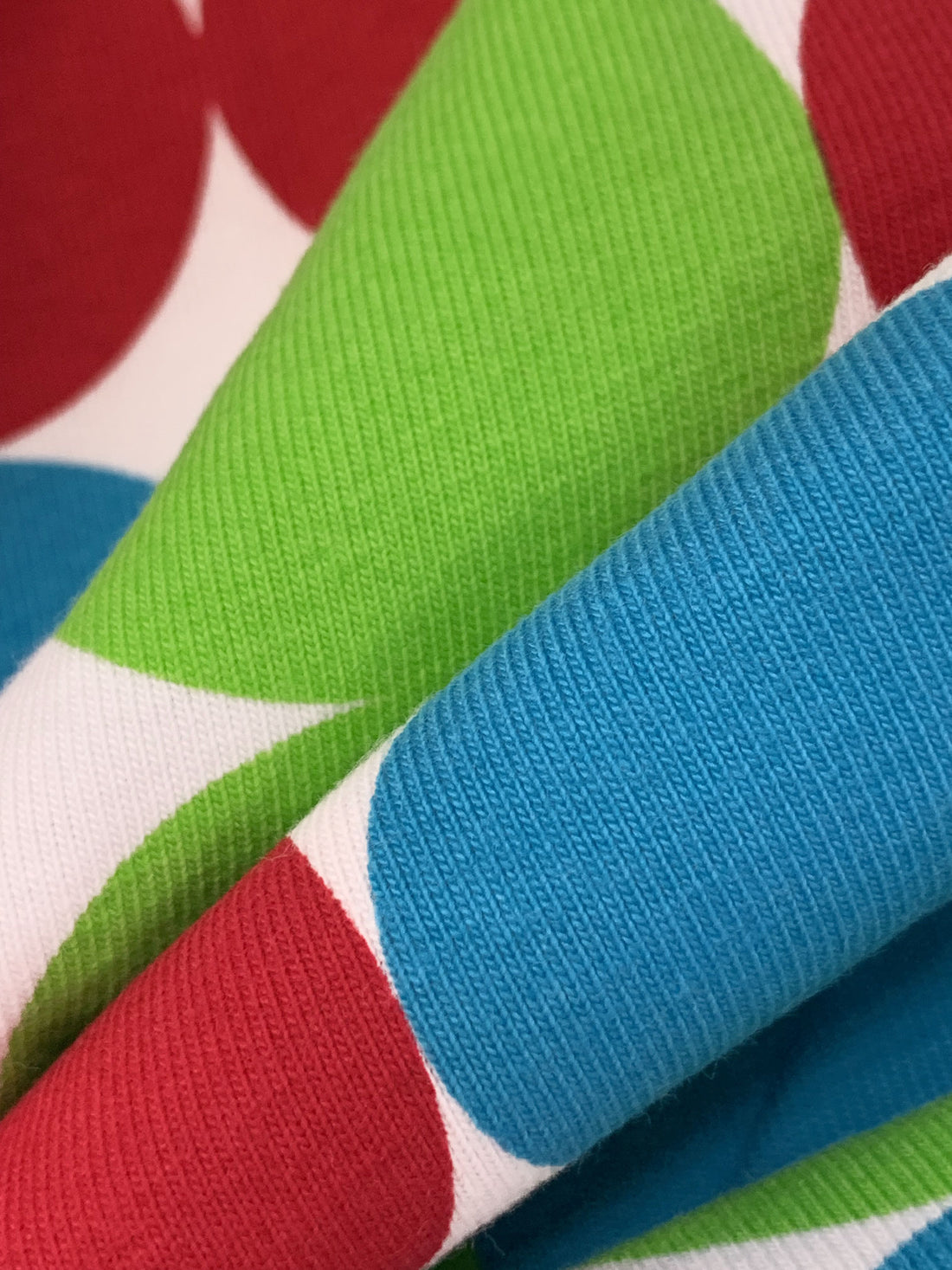 Steel Blue/Green/Crimson Red/White Cotton/Lycra Multi-Dot Print Jersey Knit 58W