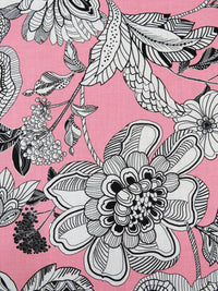 Pink Sherbet/White/Black 100% Cotton Large Artistic Floral Print Lawn - LA Designer - 54W