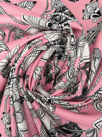 Pink Sherbet/White/Black 100% Cotton Large Artistic Floral Print Lawn - LA Designer - 54W