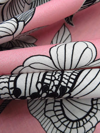Pink Sherbet/White/Black 100% Cotton Large Artistic Floral Print Lawn - LA Designer - 54W