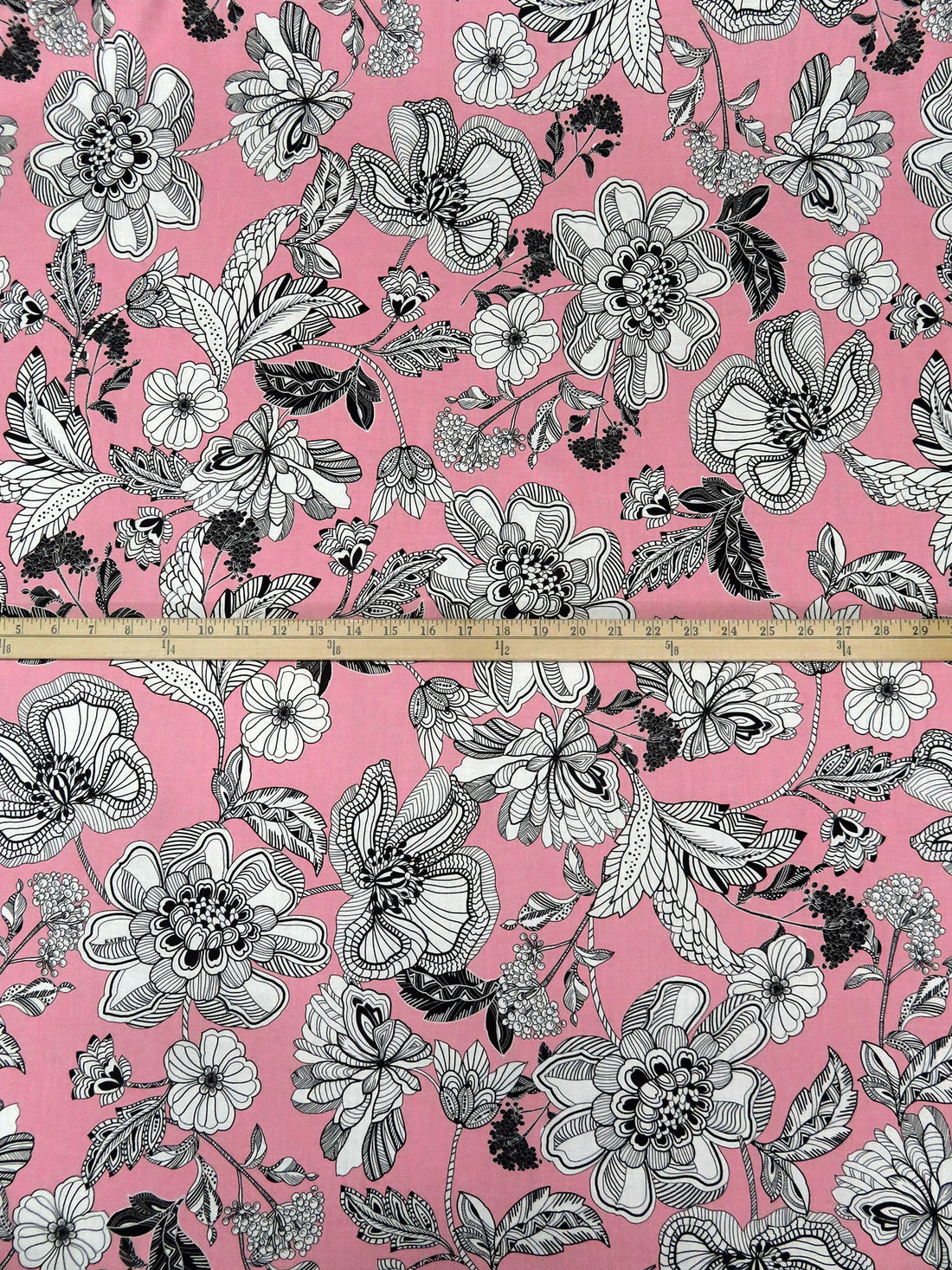 Pink Sherbet/White/Black 100% Cotton Large Artistic Floral Print Lawn - LA Designer - 54W