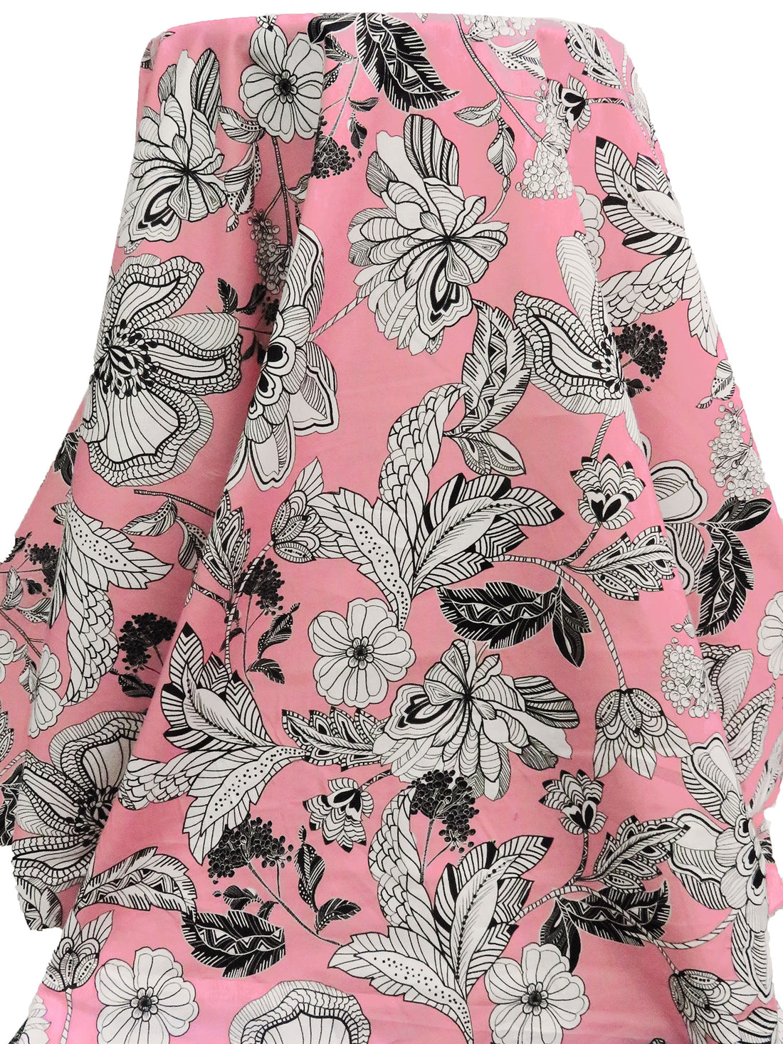 Pink Sherbet/White/Black 100% Cotton Large Artistic Floral Print Lawn - LA Designer - 54W