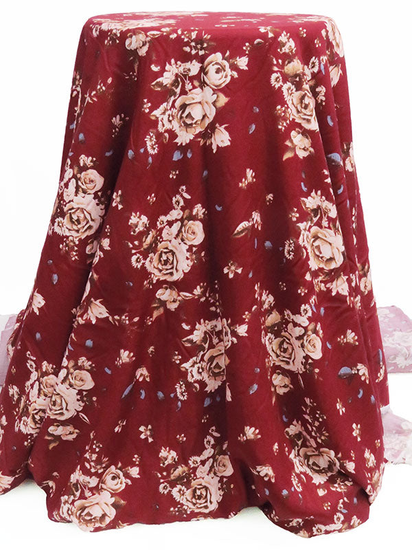 Deep Burgundy/Pale Pink/Cedar Brown/Multi 100% Rayon Romantic Floral Print Challis 56W