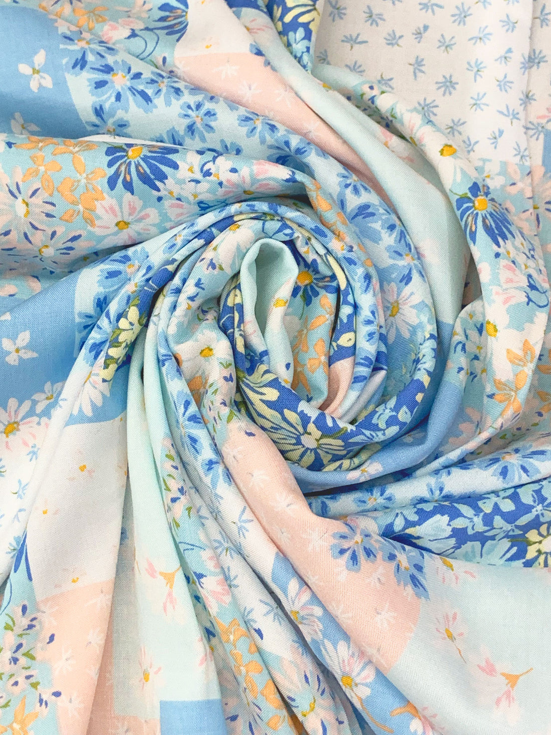 French Blue/Blond/White/Multi 100% Rayon Floral Patchwork Print Challis 56W