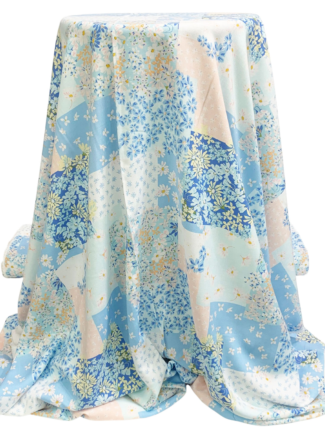 French Blue/Blond/White/Multi 100% Rayon Floral Patchwork Print Challis 56W