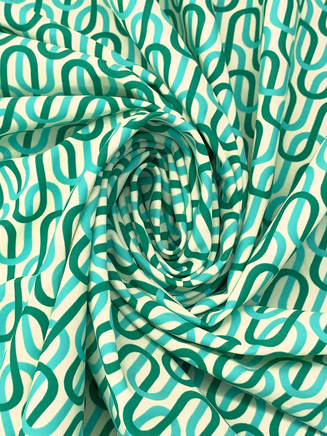 Medium Turquoise/Dark Sea Green/Off-White Nylon/Lycra Interlocking Waves Print Swim/Activewear Knit 58W