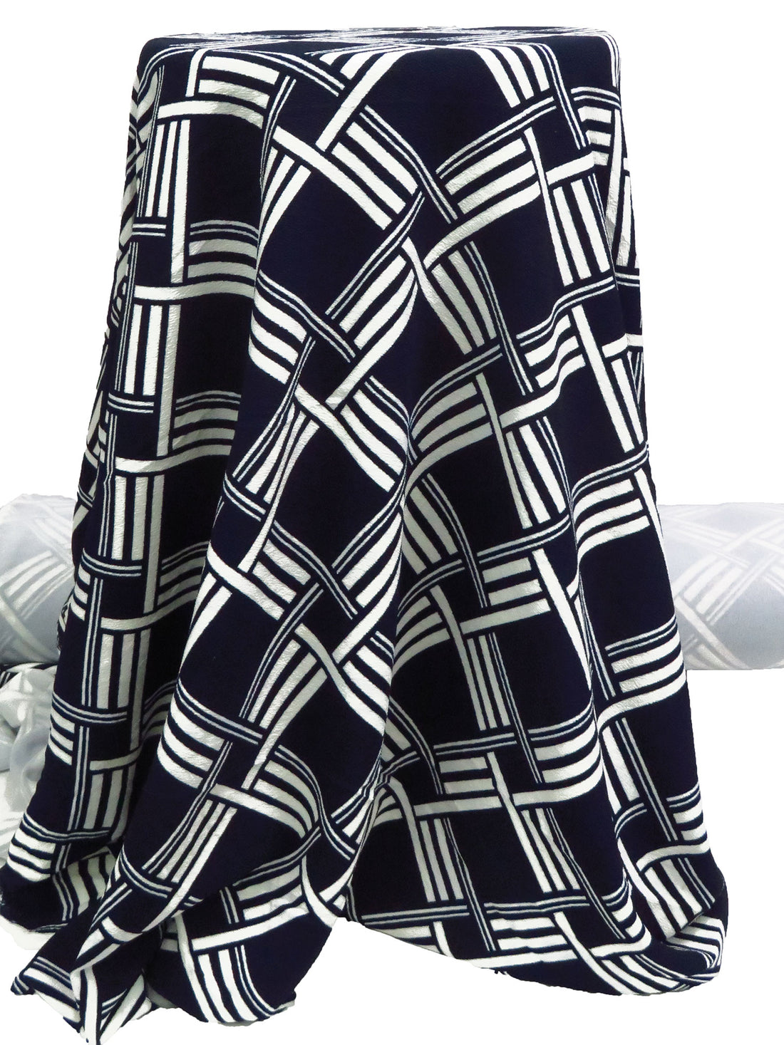 Navy Blue/Pure White Polyester/Lycra Geometric Print Liverpool Double Knit 61W