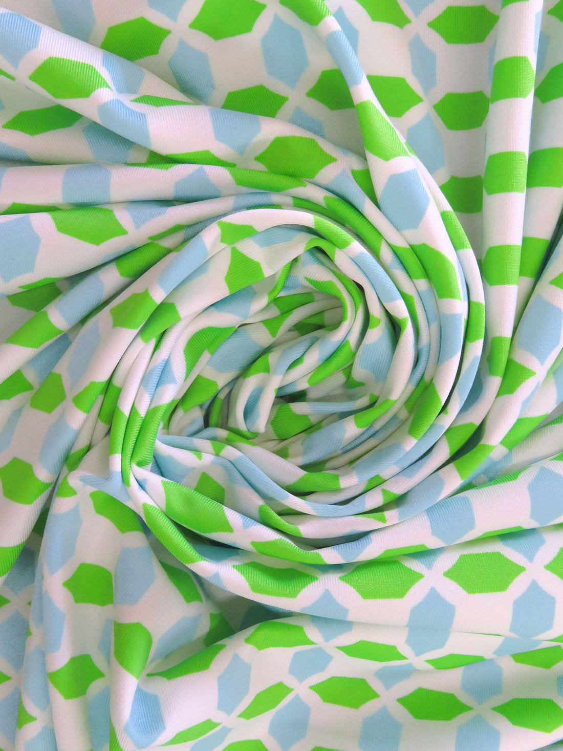 Pure White/Vivid Green/Light Blue Polyester/Lycra Geometric Print Jersey Knit 61W