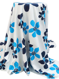 Cyan Cornflower Blue/Navy Blue/Snow White Nylon/Lycra Floral Print Jersey Knit 59W