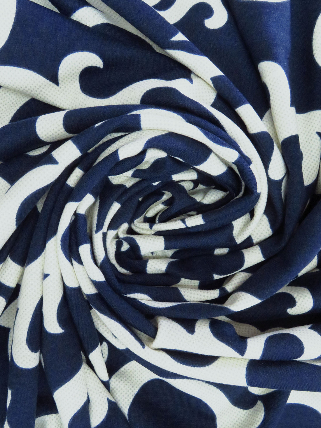 Off White/Navy Blue Polyester/Lycra Ornate Print Ponte Knit 65W