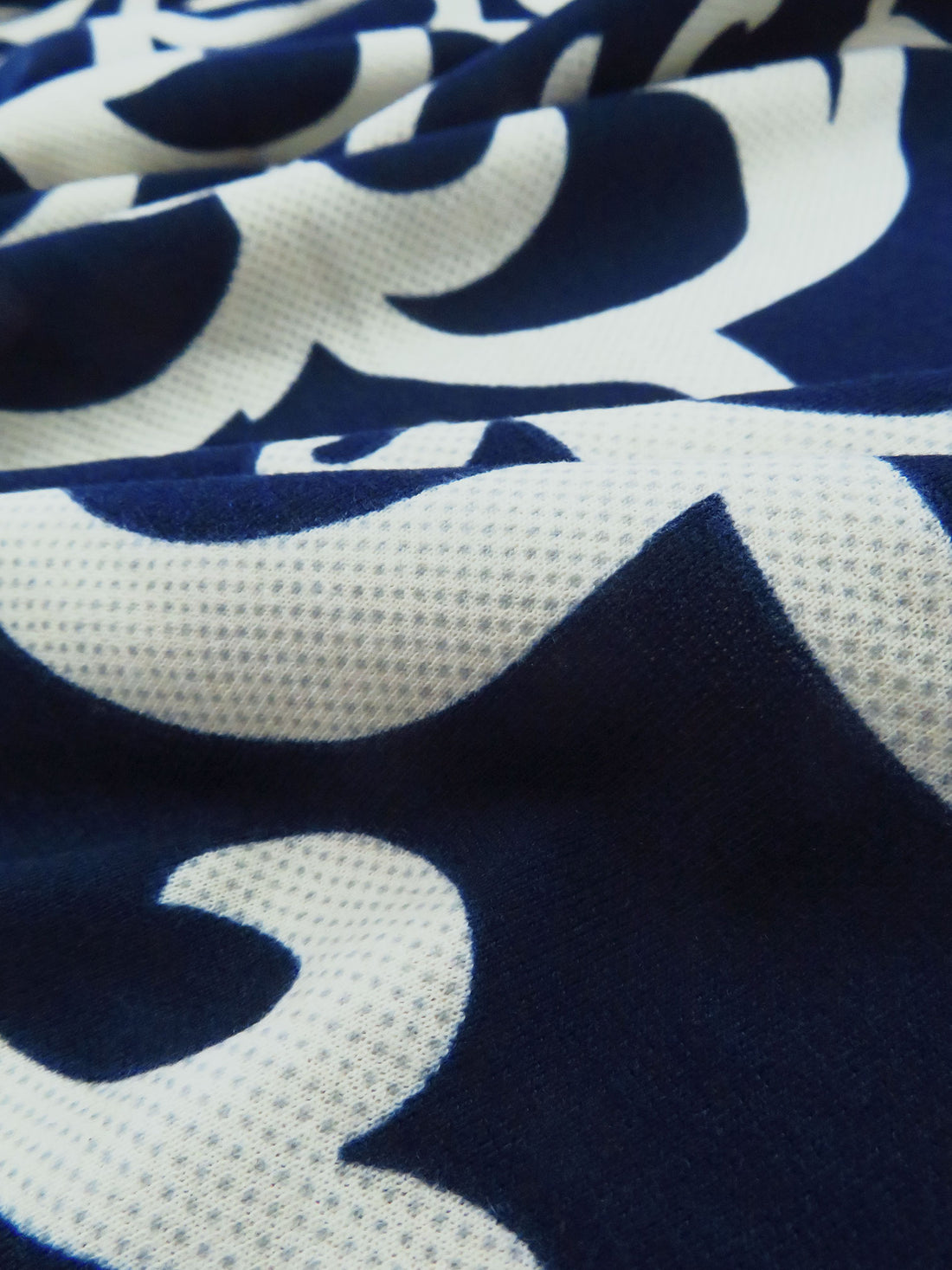 Off White/Navy Blue Polyester/Lycra Ornate Print Ponte Knit 65W