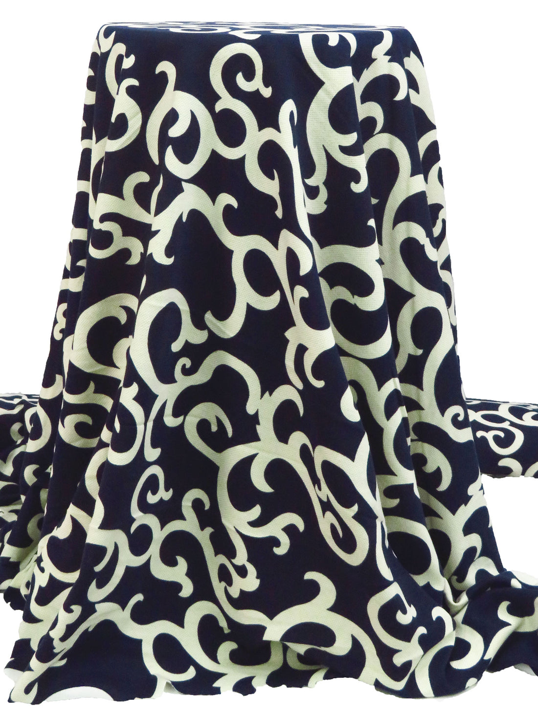 Off White/Navy Blue Polyester/Lycra Ornate Print Ponte Knit 65W