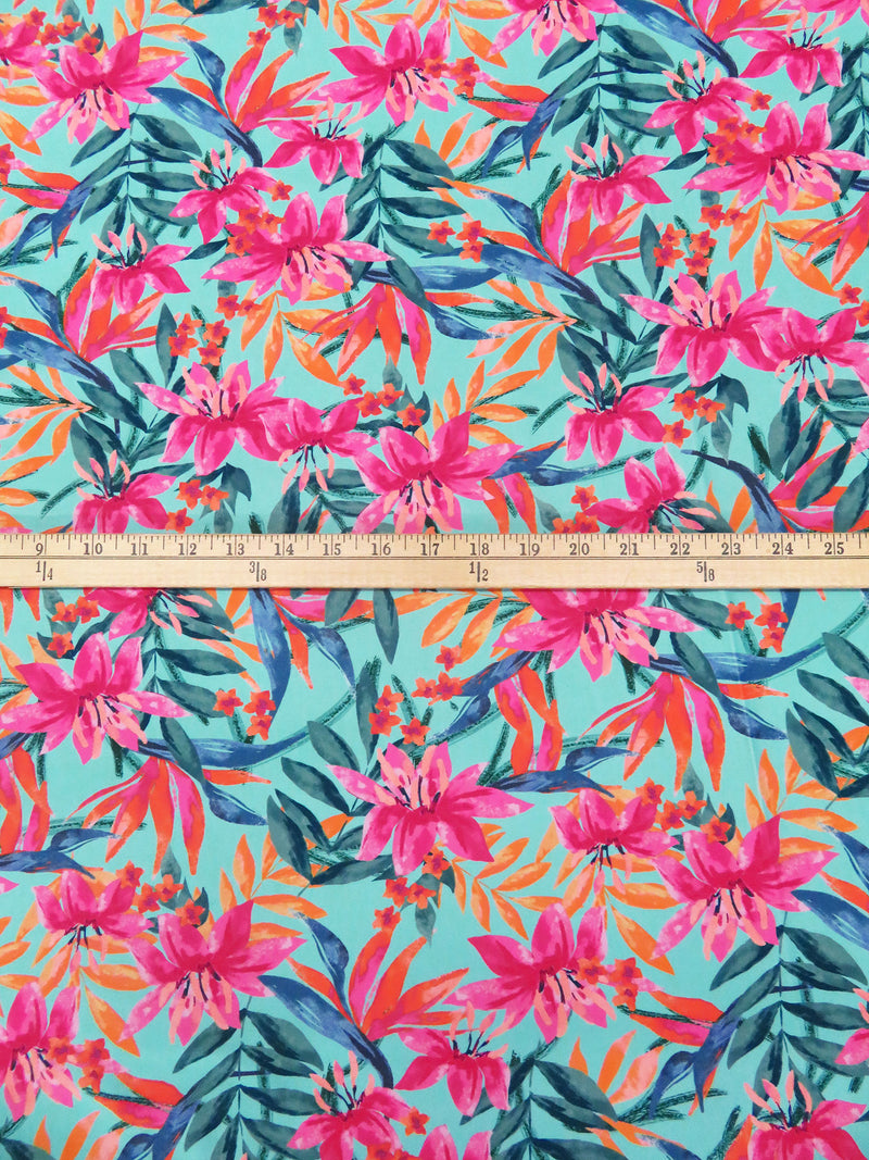 SOLD AS IS ONLY - Middle Blue-Green/Orange/Raspberry/Multi Nylon/Lycra Tropical Floral & Fauna Print Swim/Activewear Knit 58W