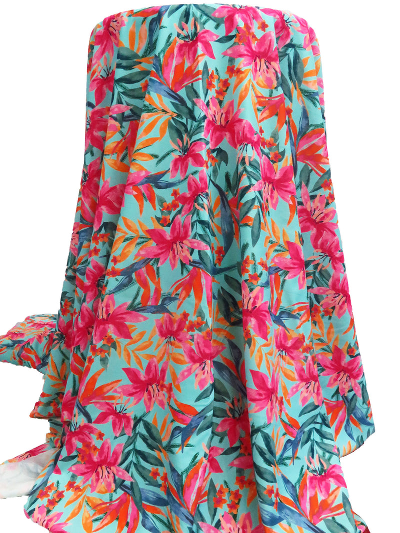 SOLD AS IS ONLY - Middle Blue-Green/Orange/Raspberry/Multi Nylon/Lycra Tropical Floral & Fauna Print Swim/Activewear Knit 58W