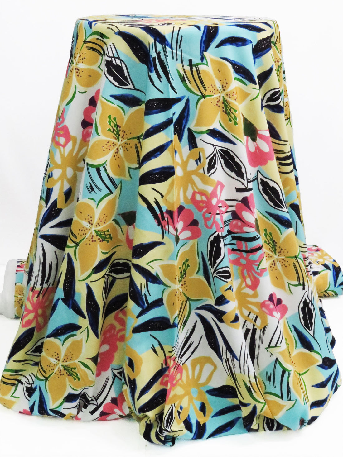 Jasmine Yellow/Bright Aqua Blue/Hot French Pink/Multi 100% Rayon Painterly Floral Print Challis 56W