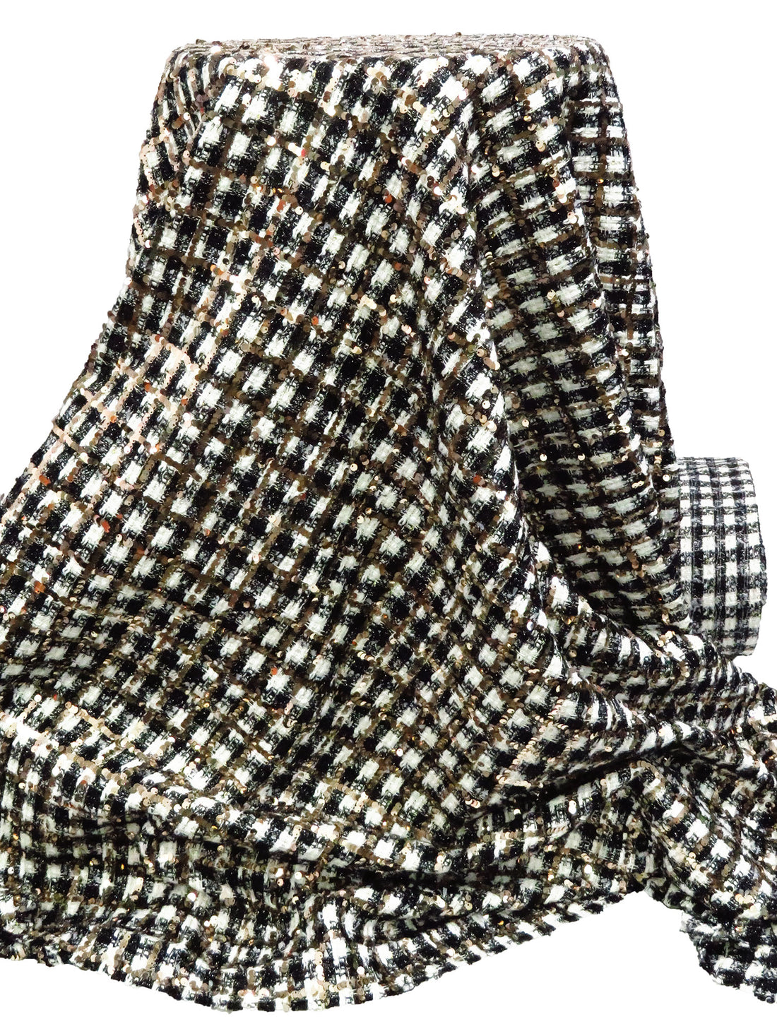 Deep Black/White/Gold 100% Polyester Boucle Suiting With Sequins - Black Halo - 55W