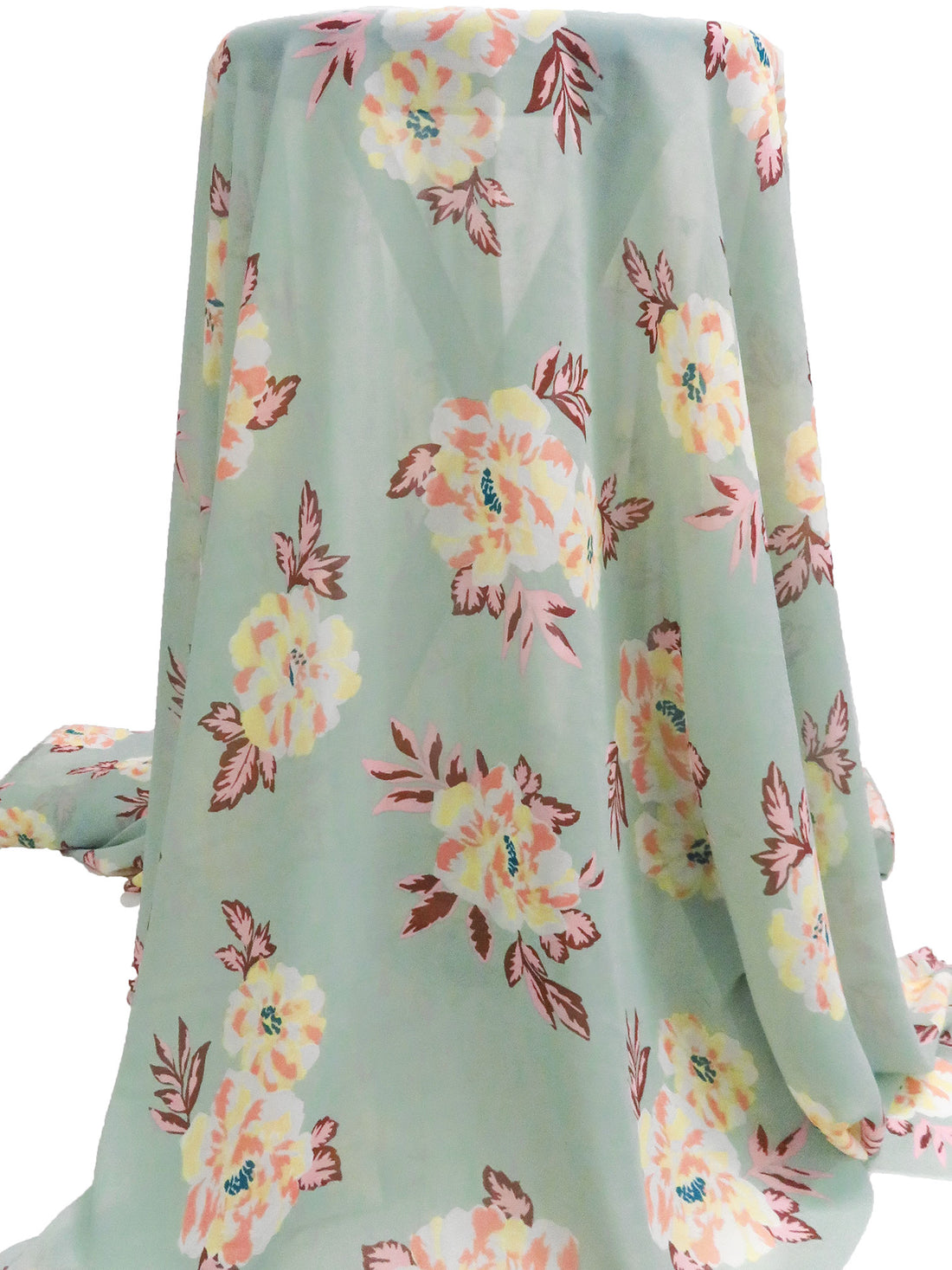 Cambridge Blue/Soft Pink/White/Multi 100% Polyester Large Floral Print Chiffon 57W
