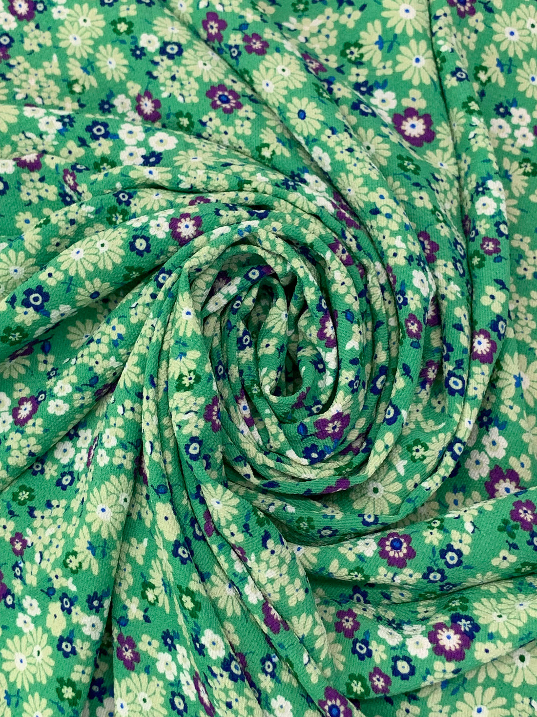 Medium Sea Green/Dark Blue/White/Multi 100% Polyester Ditsy Floral Print Bubble Crepe 58W