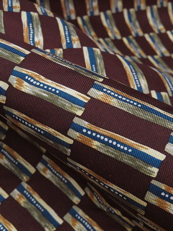 SOLD BY THE PANEL ONLY - Burgundy/Lapis Blue/Moss/Multi 100% Silk Diagonal Block Print Twill Tie Fabric 43W