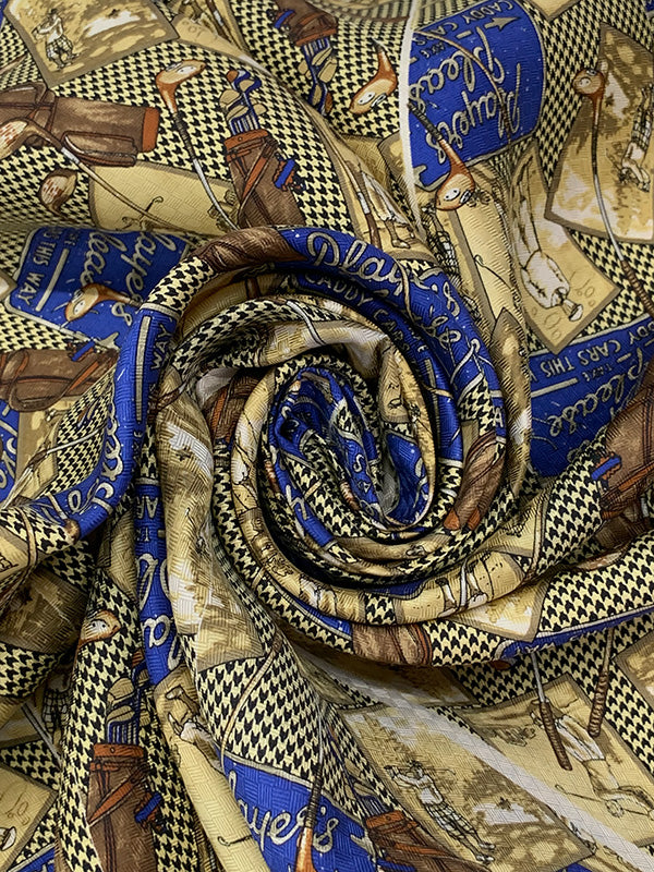 SOLD BY THE PANEL ONLY - Pale Goldenrod/Dark Royal Blue/Black 100% Silk Vintage Golf Print Jacquard Tie Fabric 44W