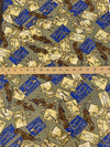 SOLD BY THE PANEL ONLY - Pale Goldenrod/Dark Royal Blue/Black 100% Silk Vintage Golf Print Jacquard Tie Fabric 44W