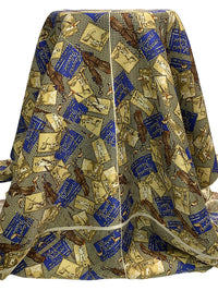 SOLD BY THE PANEL ONLY - Pale Goldenrod/Dark Royal Blue/Black 100% Silk Vintage Golf Print Jacquard Tie Fabric 44W