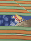 SOLD BY THE PANEL ONLY - Gingerbread/Soft Sage/Sapphire/Multi 100% Silk Sailboat Stripe Print Broadcloth 44W