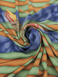 SOLD BY THE PANEL ONLY - Gingerbread/Soft Sage/Sapphire/Multi 100% Silk Sailboat Stripe Print Broadcloth 44W